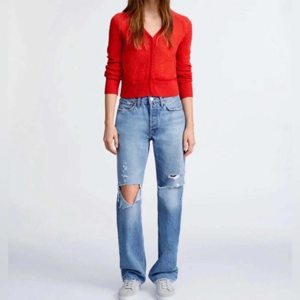 Re/Done Red Crop Cardigan with Light Blue Distressed Straight Leg Jeans